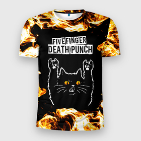 Мужская футболка 3D Slim с принтом Five Finger Death Punch рок кот и огонь в Новосибирске, 100% полиэстер с улучшенными характеристиками | приталенный силуэт, круглая горловина, широкие плечи, сужается к линии бедра | 