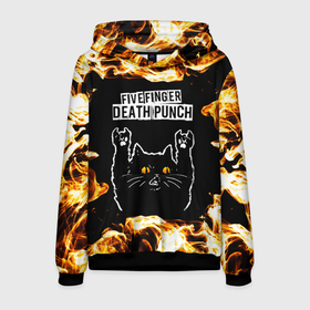 Мужская толстовка 3D с принтом Five Finger Death Punch рок кот и огонь в Екатеринбурге, 100% полиэстер | двухслойный капюшон со шнурком для регулировки, мягкие манжеты на рукавах и по низу толстовки, спереди карман-кенгуру с мягким внутренним слоем. | 
