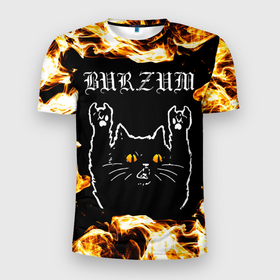 Мужская футболка 3D Slim с принтом Burzum рок кот и огонь в Новосибирске, 100% полиэстер с улучшенными характеристиками | приталенный силуэт, круглая горловина, широкие плечи, сужается к линии бедра | 