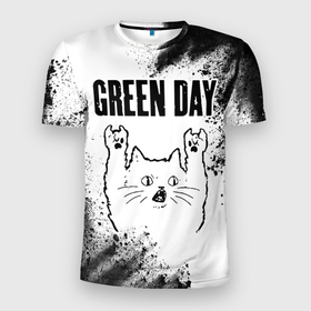 Мужская футболка 3D Slim с принтом Green Day рок кот на светлом фоне в Тюмени, 100% полиэстер с улучшенными характеристиками | приталенный силуэт, круглая горловина, широкие плечи, сужается к линии бедра | Тематика изображения на принте: 