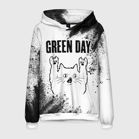 Мужская толстовка 3D с принтом Green Day рок кот на светлом фоне в Екатеринбурге, 100% полиэстер | двухслойный капюшон со шнурком для регулировки, мягкие манжеты на рукавах и по низу толстовки, спереди карман-кенгуру с мягким внутренним слоем. | Тематика изображения на принте: 