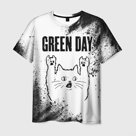 Мужская футболка 3D с принтом Green Day рок кот на светлом фоне в Екатеринбурге, 100% полиэфир | прямой крой, круглый вырез горловины, длина до линии бедер | 