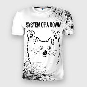 Мужская футболка 3D Slim с принтом System of a Down рок кот на светлом фоне в Екатеринбурге, 100% полиэстер с улучшенными характеристиками | приталенный силуэт, круглая горловина, широкие плечи, сужается к линии бедра | Тематика изображения на принте: 