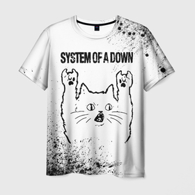 Мужская футболка 3D с принтом System of a Down рок кот на светлом фоне в Екатеринбурге, 100% полиэфир | прямой крой, круглый вырез горловины, длина до линии бедер | Тематика изображения на принте: 