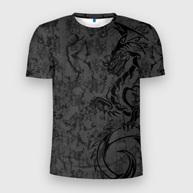 Мужская футболка 3D Slim с принтом Black dragon   grunge в Белгороде, 100% полиэстер с улучшенными характеристиками | приталенный силуэт, круглая горловина, широкие плечи, сужается к линии бедра | Тематика изображения на принте: 