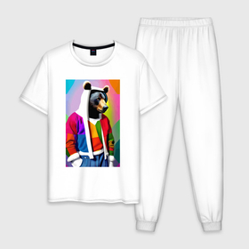 Мужская пижама хлопок с принтом Baer fashionista   pop art   neural network в Белгороде, 100% хлопок | брюки и футболка прямого кроя, без карманов, на брюках мягкая резинка на поясе и по низу штанин
 | 