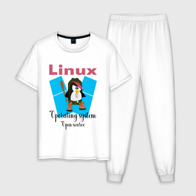 Мужская пижама хлопок с принтом Пингвин  линукс в шляпе в Екатеринбурге, 100% хлопок | брюки и футболка прямого кроя, без карманов, на брюках мягкая резинка на поясе и по низу штанин
 | Тематика изображения на принте: 