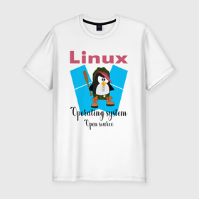 Мужская футболка хлопок Slim с принтом Пингвин  линукс в шляпе в Белгороде, 92% хлопок, 8% лайкра | приталенный силуэт, круглый вырез ворота, длина до линии бедра, короткий рукав | Тематика изображения на принте: 