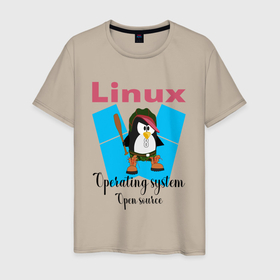 Мужская футболка хлопок с принтом Пингвин  линукс в шляпе в Санкт-Петербурге, 100% хлопок | прямой крой, круглый вырез горловины, длина до линии бедер, слегка спущенное плечо. | 