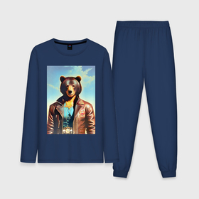 Мужская пижама с лонгсливом хлопок с принтом Cool bear in a leather jacket   neural network в Петрозаводске,  |  | 