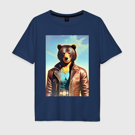 Мужская футболка хлопок Oversize с принтом Cool bear in a leather jacket   neural network в Екатеринбурге, 100% хлопок | свободный крой, круглый ворот, “спинка” длиннее передней части | 