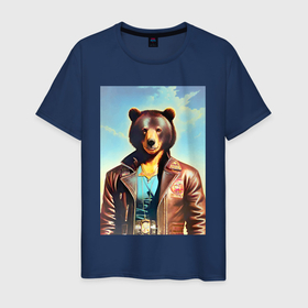 Мужская футболка хлопок с принтом Cool bear in a leather jacket   neural network в Петрозаводске, 100% хлопок | прямой крой, круглый вырез горловины, длина до линии бедер, слегка спущенное плечо. | 