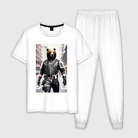 Мужская пижама хлопок с принтом Cool bear   cyberpunk   neural network в Екатеринбурге, 100% хлопок | брюки и футболка прямого кроя, без карманов, на брюках мягкая резинка на поясе и по низу штанин
 | 