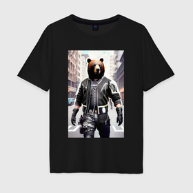 Мужская футболка хлопок Oversize с принтом Cool bear   cyberpunk   neural network в Екатеринбурге, 100% хлопок | свободный крой, круглый ворот, “спинка” длиннее передней части | Тематика изображения на принте: 