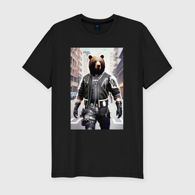 Мужская футболка хлопок Slim с принтом Cool bear   cyberpunk   neural network в Екатеринбурге, 92% хлопок, 8% лайкра | приталенный силуэт, круглый вырез ворота, длина до линии бедра, короткий рукав | Тематика изображения на принте: 