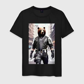 Мужская футболка хлопок с принтом Cool bear   cyberpunk   neural network , 100% хлопок | прямой крой, круглый вырез горловины, длина до линии бедер, слегка спущенное плечо. | Тематика изображения на принте: 