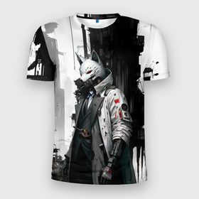 Мужская футболка 3D Slim с принтом Охотник в маске кицунэ в Санкт-Петербурге, 100% полиэстер с улучшенными характеристиками | приталенный силуэт, круглая горловина, широкие плечи, сужается к линии бедра | 