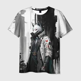 Мужская футболка 3D с принтом Охотник в маске кицунэ , 100% полиэфир | прямой крой, круглый вырез горловины, длина до линии бедер | 