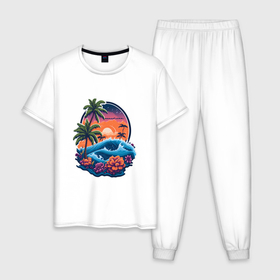 Мужская пижама хлопок с принтом Тропические волны в Санкт-Петербурге, 100% хлопок | брюки и футболка прямого кроя, без карманов, на брюках мягкая резинка на поясе и по низу штанин
 | 