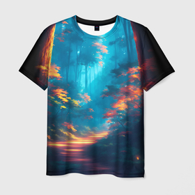 Мужская футболка 3D с принтом Утренняя тропа в лесу в Санкт-Петербурге, 100% полиэфир | прямой крой, круглый вырез горловины, длина до линии бедер | Тематика изображения на принте: 