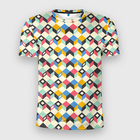 Мужская футболка 3D Slim с принтом Абстракция из цветных кубиков , 100% полиэстер с улучшенными характеристиками | приталенный силуэт, круглая горловина, широкие плечи, сужается к линии бедра | 