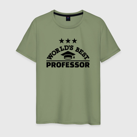 Мужская футболка хлопок с принтом Лучший в мире профессор в Кировске, 100% хлопок | прямой крой, круглый вырез горловины, длина до линии бедер, слегка спущенное плечо. | 