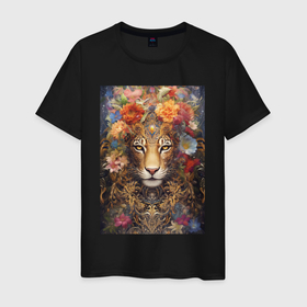 Мужская футболка хлопок с принтом Леопард в тропических  цветах , 100% хлопок | прямой крой, круглый вырез горловины, длина до линии бедер, слегка спущенное плечо. | Тематика изображения на принте: 