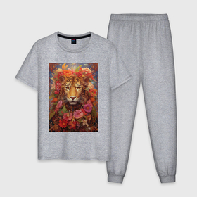 Мужская пижама хлопок с принтом Леопард в тропических  цветах в Санкт-Петербурге, 100% хлопок | брюки и футболка прямого кроя, без карманов, на брюках мягкая резинка на поясе и по низу штанин
 | 