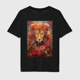 Мужская футболка хлопок Oversize с принтом Леопард в тропических  цветах в Екатеринбурге, 100% хлопок | свободный крой, круглый ворот, “спинка” длиннее передней части | 