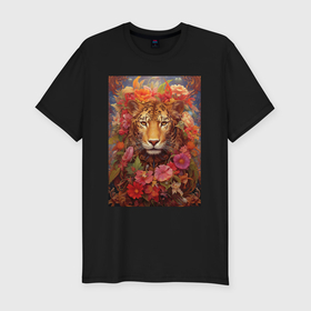 Мужская футболка хлопок Slim с принтом Леопард в тропических  цветах , 92% хлопок, 8% лайкра | приталенный силуэт, круглый вырез ворота, длина до линии бедра, короткий рукав | Тематика изображения на принте: 
