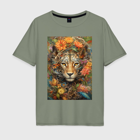 Мужская футболка хлопок Oversize с принтом Леопард в тропических кустах в Екатеринбурге, 100% хлопок | свободный крой, круглый ворот, “спинка” длиннее передней части | 