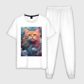 Мужская пижама хлопок с принтом Фэнтази кот в Тюмени, 100% хлопок | брюки и футболка прямого кроя, без карманов, на брюках мягкая резинка на поясе и по низу штанин
 | Тематика изображения на принте: 