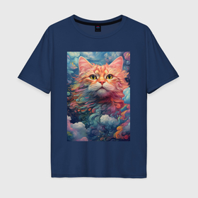 Мужская футболка хлопок Oversize с принтом Фэнтази кот в Тюмени, 100% хлопок | свободный крой, круглый ворот, “спинка” длиннее передней части | Тематика изображения на принте: 