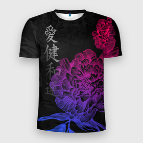 Мужская футболка 3D Slim с принтом Neon flowers   japanese art в Новосибирске, 100% полиэстер с улучшенными характеристиками | приталенный силуэт, круглая горловина, широкие плечи, сужается к линии бедра | 