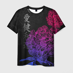 Мужская футболка 3D с принтом Neon flowers   japanese art в Санкт-Петербурге, 100% полиэфир | прямой крой, круглый вырез горловины, длина до линии бедер | Тематика изображения на принте: 