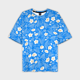 Мужская футболка oversize 3D с принтом Белые птицы голуби  и цветы яблони на синем фоне неба в Кировске,  |  | Тематика изображения на принте: 