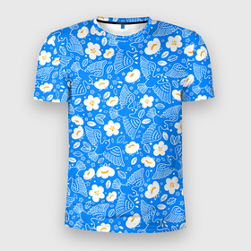 Мужская футболка 3D Slim с принтом Белые птицы голуби  и цветы яблони на синем фоне неба , 100% полиэстер с улучшенными характеристиками | приталенный силуэт, круглая горловина, широкие плечи, сужается к линии бедра | Тематика изображения на принте: 