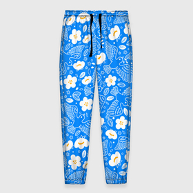 Мужские брюки 3D с принтом Белые птицы голуби  и цветы яблони на синем фоне неба , 100% полиэстер | манжеты по низу, эластичный пояс регулируется шнурком, по бокам два кармана без застежек, внутренняя часть кармана из мелкой сетки | 