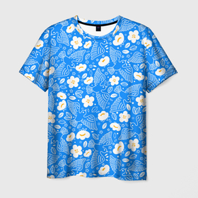 Мужская футболка 3D с принтом Белые птицы голуби  и цветы яблони на синем фоне неба в Санкт-Петербурге, 100% полиэфир | прямой крой, круглый вырез горловины, длина до линии бедер | 