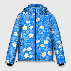 Мужская зимняя куртка 3D с принтом Белые птицы голуби  и цветы яблони на синем фоне неба в Курске, верх — 100% полиэстер; подкладка — 100% полиэстер; утеплитель — 100% полиэстер | длина ниже бедра, свободный силуэт Оверсайз. Есть воротник-стойка, отстегивающийся капюшон и ветрозащитная планка. 

Боковые карманы с листочкой на кнопках и внутренний карман на молнии. | 