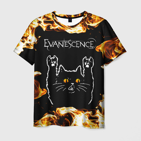 Мужская футболка 3D с принтом Evanescence рок кот и огонь в Екатеринбурге, 100% полиэфир | прямой крой, круглый вырез горловины, длина до линии бедер | Тематика изображения на принте: 