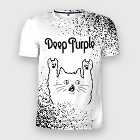 Мужская футболка 3D Slim с принтом Deep Purple рок кот на светлом фоне в Белгороде, 100% полиэстер с улучшенными характеристиками | приталенный силуэт, круглая горловина, широкие плечи, сужается к линии бедра | Тематика изображения на принте: 