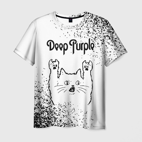 Мужская футболка 3D с принтом Deep Purple рок кот на светлом фоне , 100% полиэфир | прямой крой, круглый вырез горловины, длина до линии бедер | 