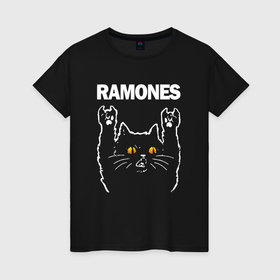 Женская футболка хлопок с принтом Ramones rock cat в Петрозаводске, 100% хлопок | прямой крой, круглый вырез горловины, длина до линии бедер, слегка спущенное плечо | 