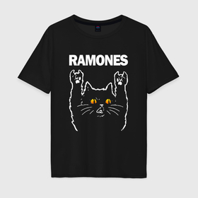 Мужская футболка хлопок Oversize с принтом Ramones rock cat в Курске, 100% хлопок | свободный крой, круглый ворот, “спинка” длиннее передней части | 