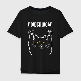 Мужская футболка хлопок Oversize с принтом Powerwolf rock cat в Новосибирске, 100% хлопок | свободный крой, круглый ворот, “спинка” длиннее передней части | 