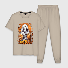 Мужская пижама хлопок с принтом Череп скелет хэллоуин в Курске, 100% хлопок | брюки и футболка прямого кроя, без карманов, на брюках мягкая резинка на поясе и по низу штанин
 | 