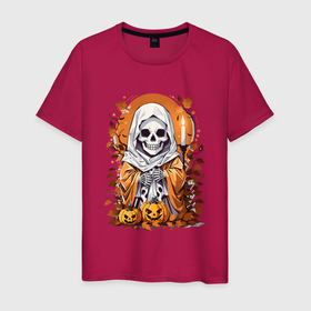 Мужская футболка хлопок с принтом Череп скелет хэллоуин в Екатеринбурге, 100% хлопок | прямой крой, круглый вырез горловины, длина до линии бедер, слегка спущенное плечо. | 