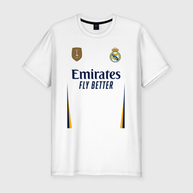 Мужская футболка хлопок Slim с принтом Реал Мадрид форма 23 24 домашняя в Белгороде, 92% хлопок, 8% лайкра | приталенный силуэт, круглый вырез ворота, длина до линии бедра, короткий рукав | 