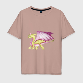 Мужская футболка хлопок Oversize с принтом Зеленый дракон с розовыми крыльями в Новосибирске, 100% хлопок | свободный крой, круглый ворот, “спинка” длиннее передней части | 